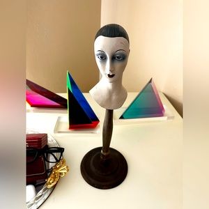 Antique hand painted wood bow tie ascot display 12.5” from base to neck.